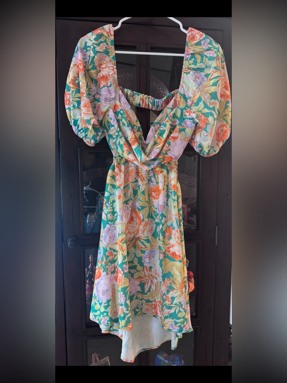 Princess Polly Floral High-Low Puff-Sleeve Dress in Green, Orange, Pink